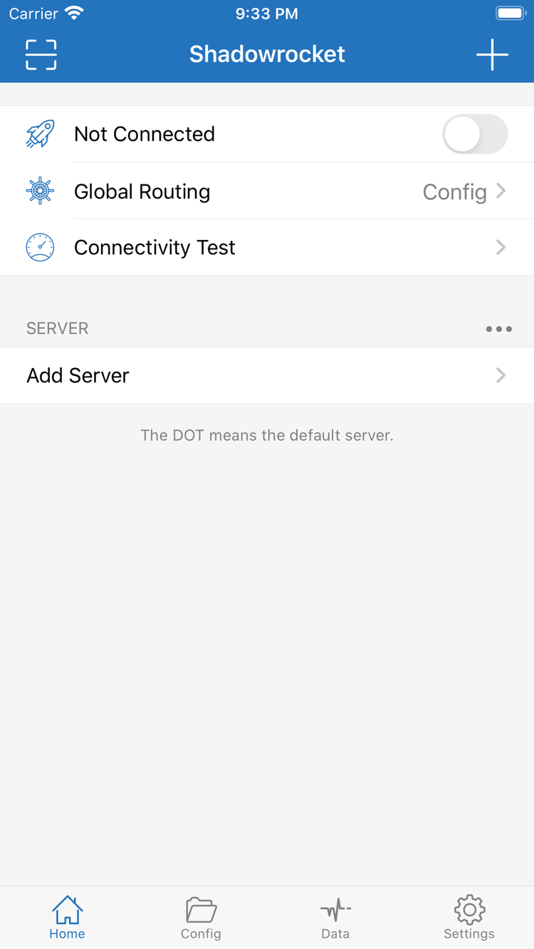 Shadowrocket Home screen with a Not Connected switch, Global Routing, and Connectivity Test at the top, and the SERVER group and Add Server below